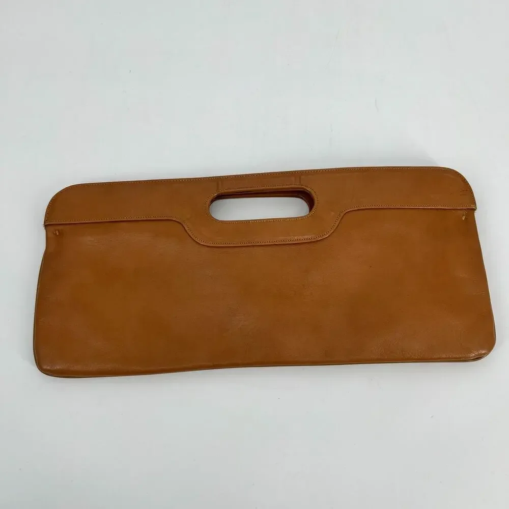 Vintage East West Clutch Purse Caramel Brown Leather Top Handle Hand Bag 15 Inch